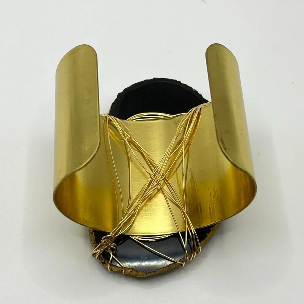 Black Wire Wrapped Geode Cuff Bracelet Gold Tone Metal Agate Slice Stone Mens